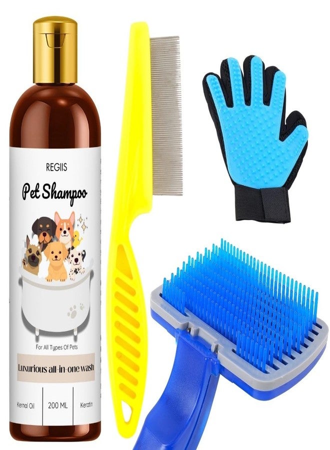 مجموعة العناية بالحيوانات الأليفة مع شامبو وفرشاة ومشط وقفاز لإزالة الشعر الزائد، 200 مل (عبوة من 4 قطع) - Image 1